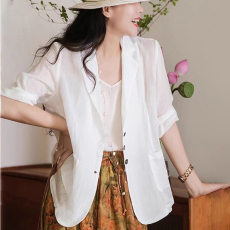 批发2026新款步步清风中袖苎麻夏季 轻薄宽松显瘦女西装外套上衣