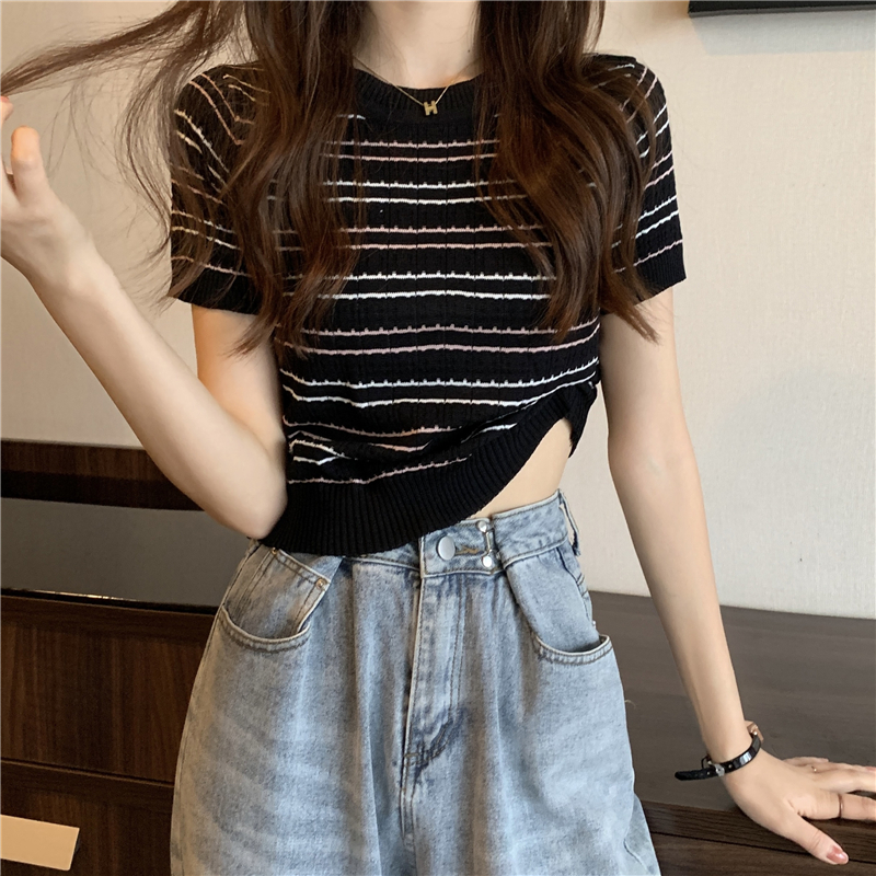 Actual shot~Korean style slimming short striped short-sleeved sweater top for women