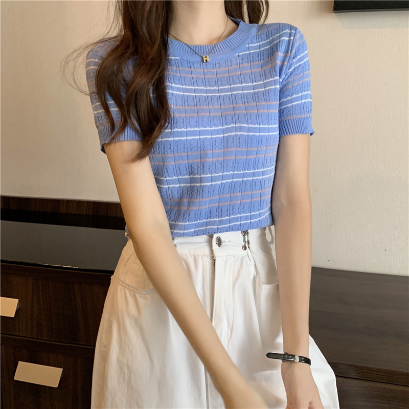 Actual shot~Korean style slimming short striped short-sleeved sweater top for women