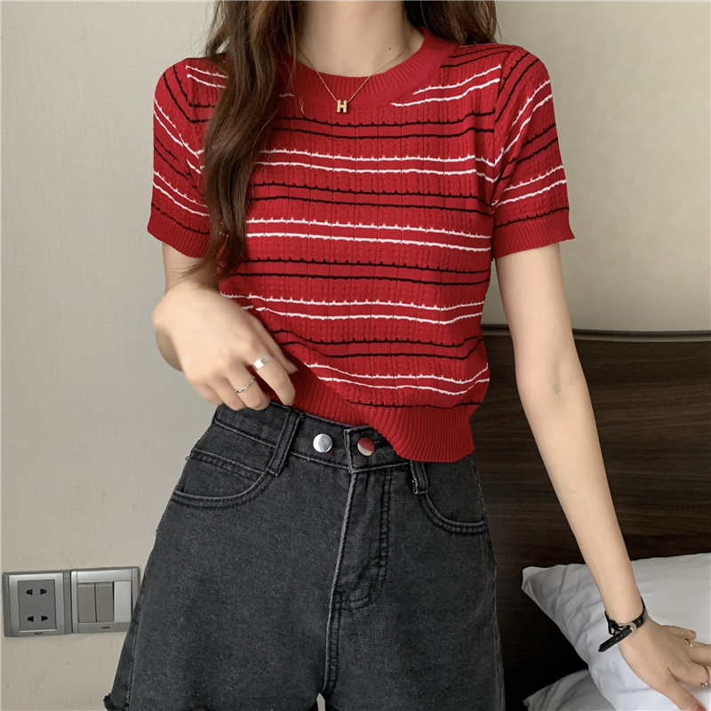 Actual shot~Korean style slimming short striped short-sleeved sweater top for women