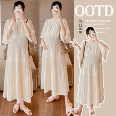 批发实拍 大码孕妇连衣裙2026夏季新款宽松显瘦压褶简约慵懒<b class='q'>百搭</b>裙子