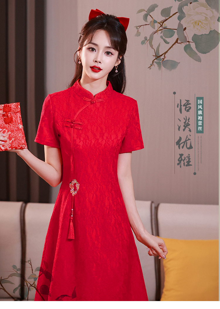 实拍2024新款国风红色旗袍新娘敬酒服回门复古高考送考连衣裙短袖