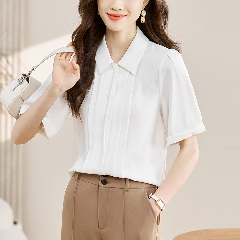 화이트 쉬폰 셔츠 여성용 짧은 소매 2026 여름 새로운 디자인 센스 작은 대중 면접 품격 긍정적 인 로드 중 경력 셔츠