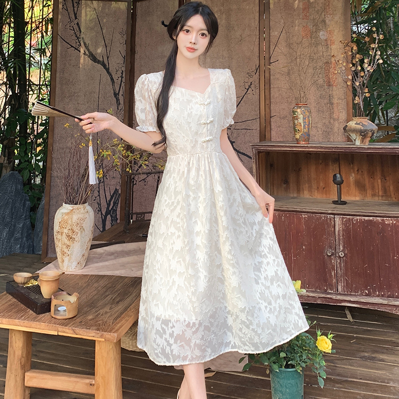 MY3014# 大码女装夏装国风新中式复古盘扣显瘦短袖雪纺泡泡袖连衣裙女裝貨源服裝批發