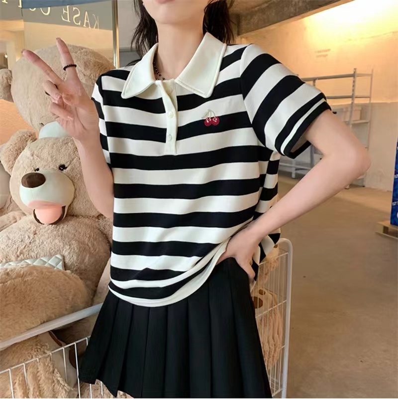 夏季寬鬆上衣新款短袖t恤女條紋刺繡POLO領