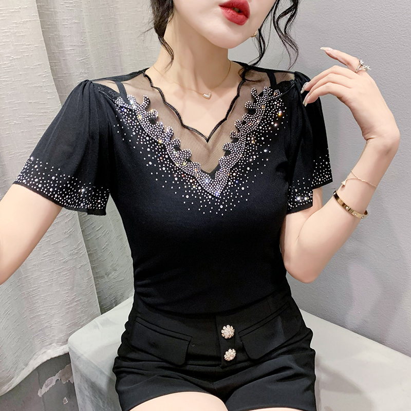 여름 드레스 새로운 패션 레이스 홀로우 아웃 무거운 공예 다이아몬드 세팅 몸매 가꾸기 나팔 소매 반팔 작은 셔츠 맨위 여성