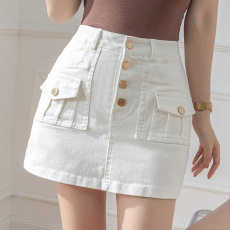 批发实拍春<b class='q'>夏</b>新版美式工装牛仔洗水裙时尚大口袋排扣防走光弹力包臀裙