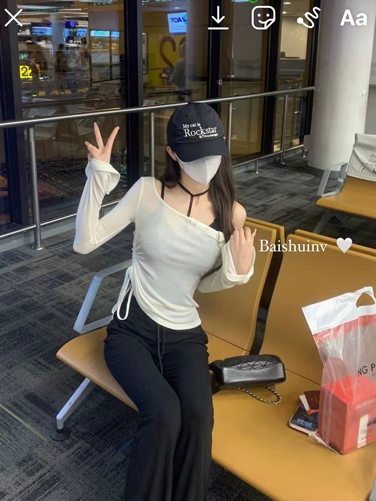 白水女溫柔姐姐~露肩T恤掛脖吊帶女不規則針織收腰設計感上衣