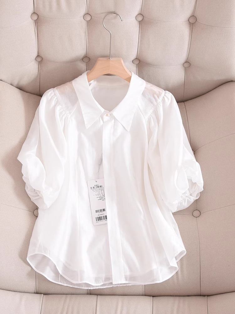 2024新款轻熟法式优雅泡泡袖上衣白色短袖衬衫女装夏季设计感小众