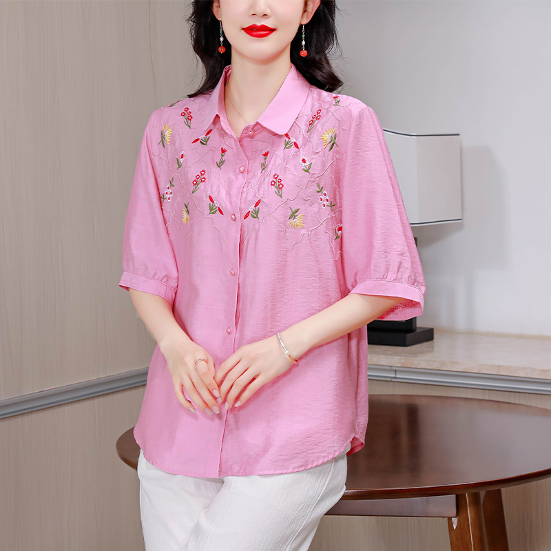 RY9108# 夏季文艺纯色胖MM棉麻大码上衣绣花短袖T恤百搭衬衫