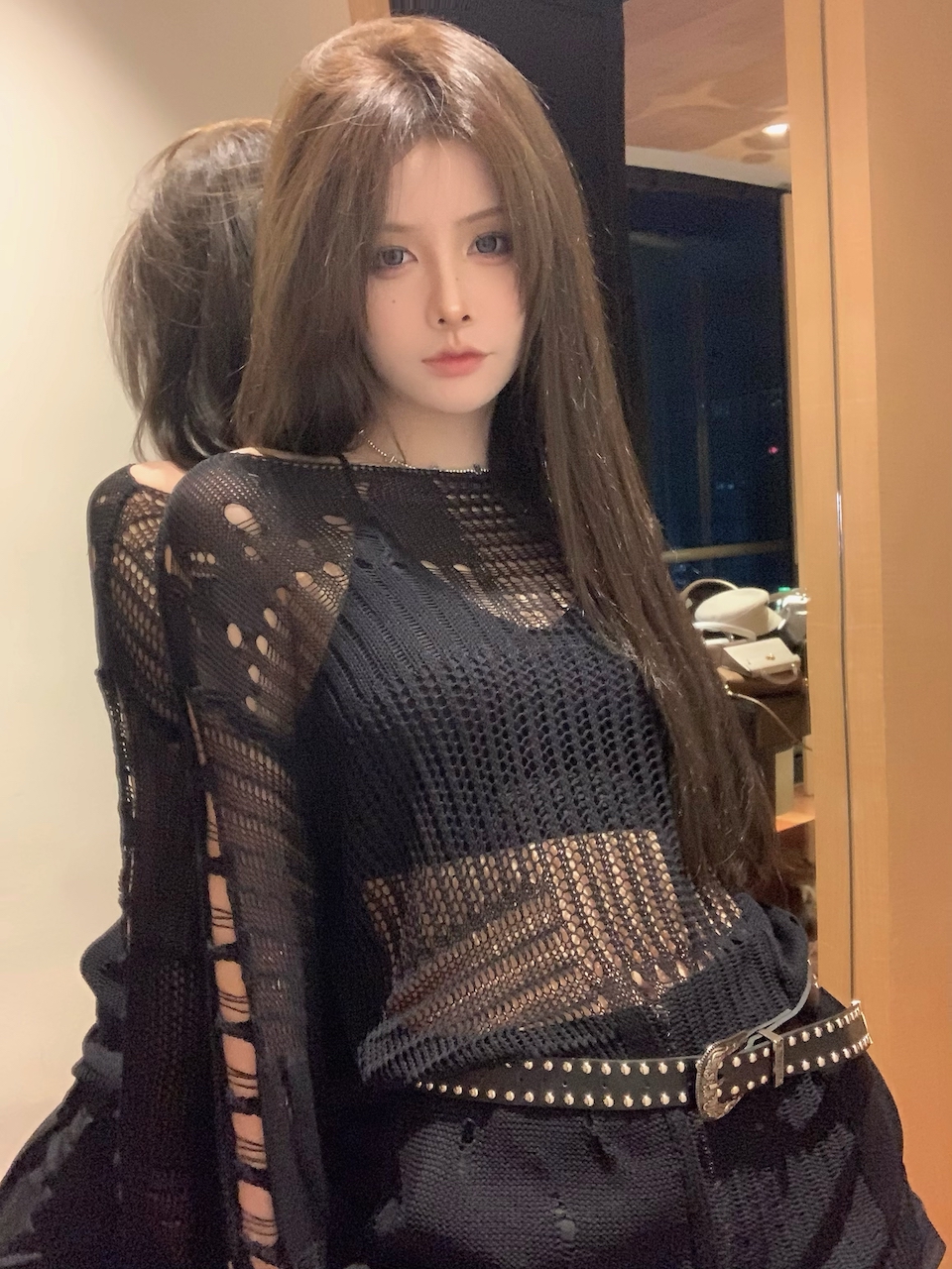 美式辣妹黑色長袖針織衫女春季性感防曬鏤空罩衫寬鬆外搭套頭上衣