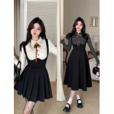 批发<b class='q'>大码</b>韩剧穿搭套装女长袖收腰衬衣垂感背带连衣裙秋装搭配一整套