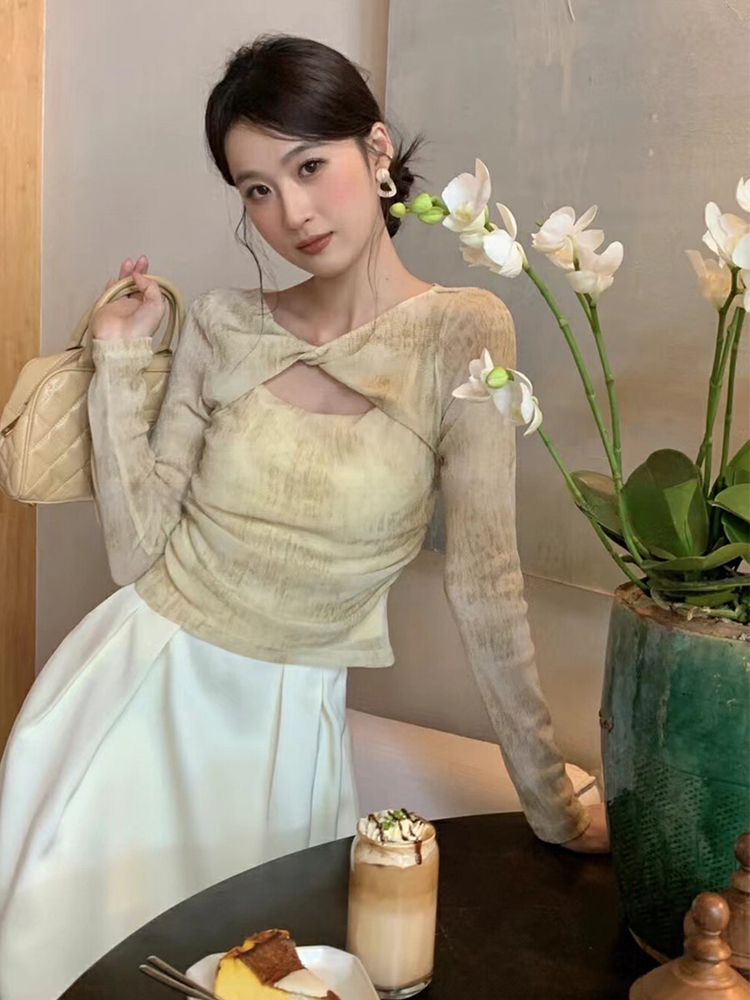 法式設計感小眾暈染打底小衫女春秋洋氣時尚百搭修身扭結T恤上衣
