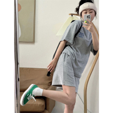 批发夏季休闲运动服套装女学生宽松显瘦短袖短裤绣花灰色两件套跑步潮