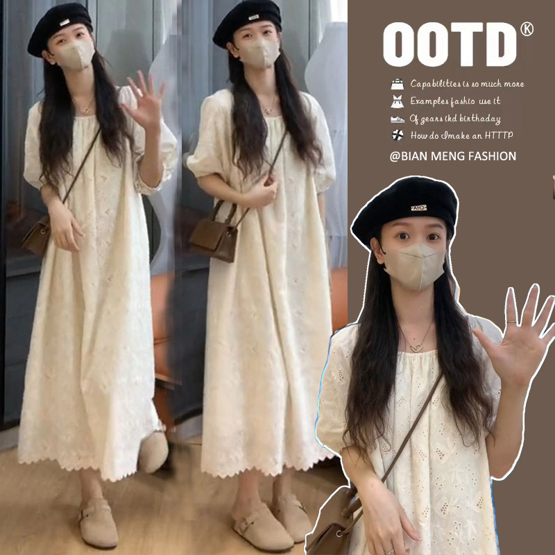 임산부 여름 새로운 패션 거품 소매 자수 드레스 트렌디 엄마 고급 센스 루즈핏 요정 품격 롱 스커트