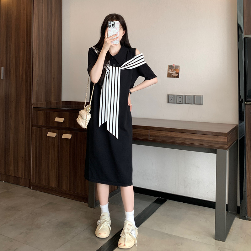 실사 빅 사이즈 여성 의류 봄 여름 품격 슬림해 보이는 작은 검은 드레스 지방 mm 스트라이프 숄 패치워크 POLO 칼라 드레스