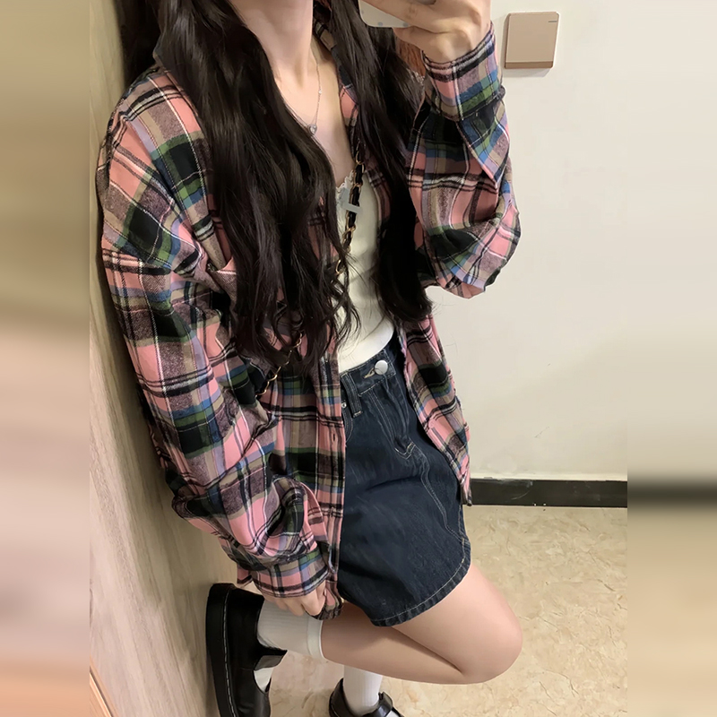 美式復古格子襯衫女春秋2024新款oversize寬鬆慵懶風長袖外套襯衣