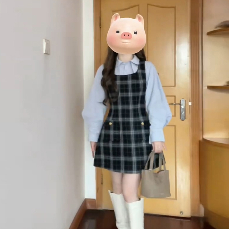 早春穿搭套裝女學院風2024年夏季新款小個子襯衫格子背帶連衣裙子
