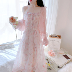 批发实拍粉色碎花<b class='q'>连衣裙</b>女夏季温柔气质收腰长款吊带裙套装