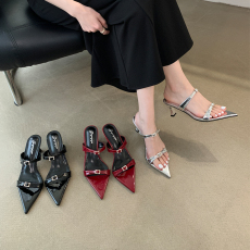 批发富贵一足水钻高跟凉拖<b class='q'>夏</b>季外穿尖头露趾百搭一字带扣性感细跟拖鞋