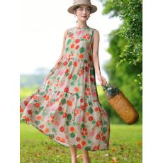 批发文艺苎麻印花无袖<b class='q'>双层</b><b class='q'>背心</b>长裙复古温柔风碎花连衣裙子