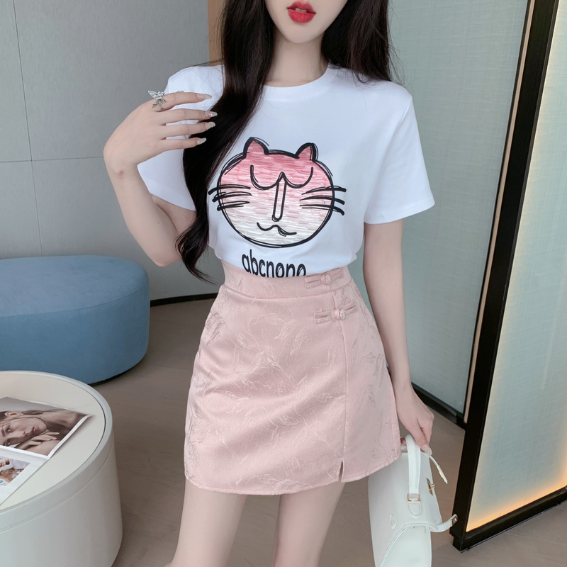 MY5377# 新款印花T恤新中式盘口A字短裙套装字母无品牌女裝貨源服裝批發