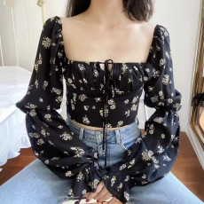 批发辣妹长袖上衣碎花薄款设计<b class='q'>欧美</b>风新款<b class='q'>欧美</b>泡泡方领法式秋冬短款