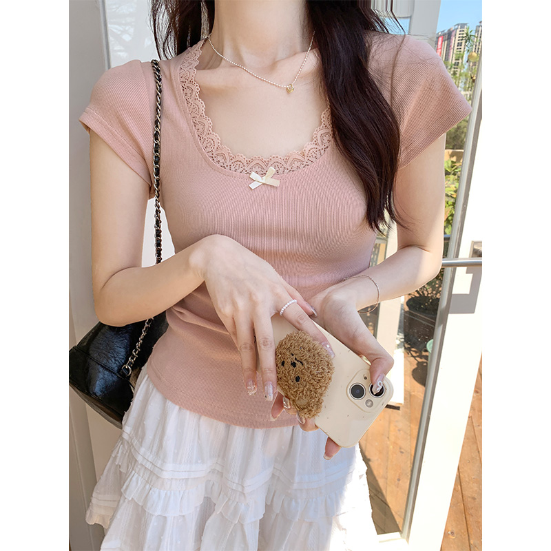 Real shot of gentle style low-neck lace short-sleeved T-shirt for women with versatile bow BM style short top ins