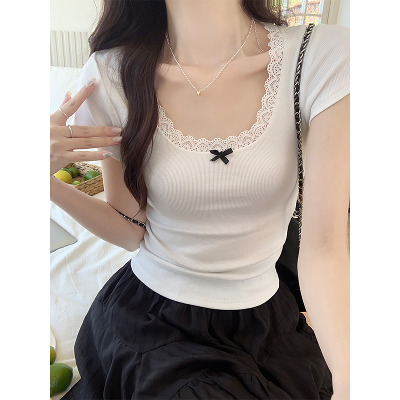 Real shot of gentle style low-neck lace short-sleeved T-shirt for women with versatile bow BM style short top ins