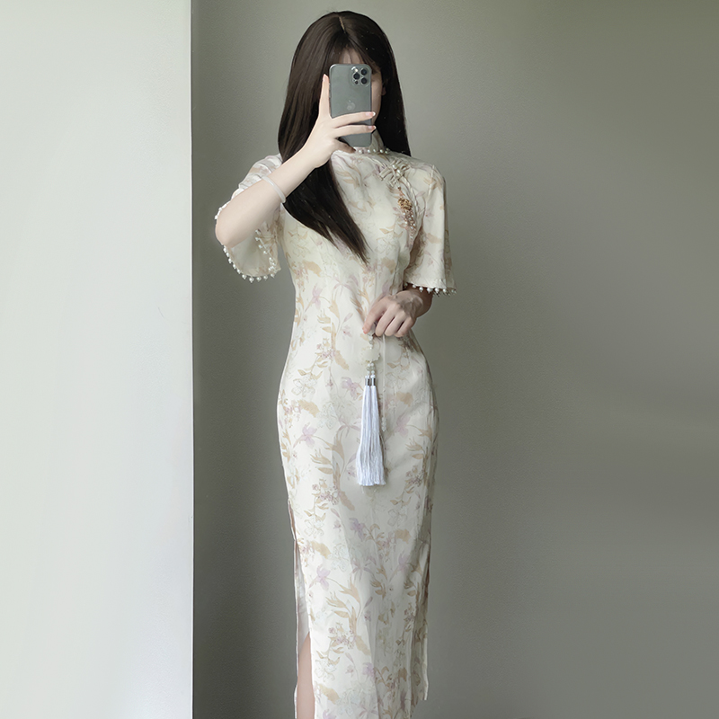 FA36347# 新中式改良旗袍新款春夏雪纺温柔年轻少女复古民国风日常可穿 服裝批發女裝批發服飾貨源
