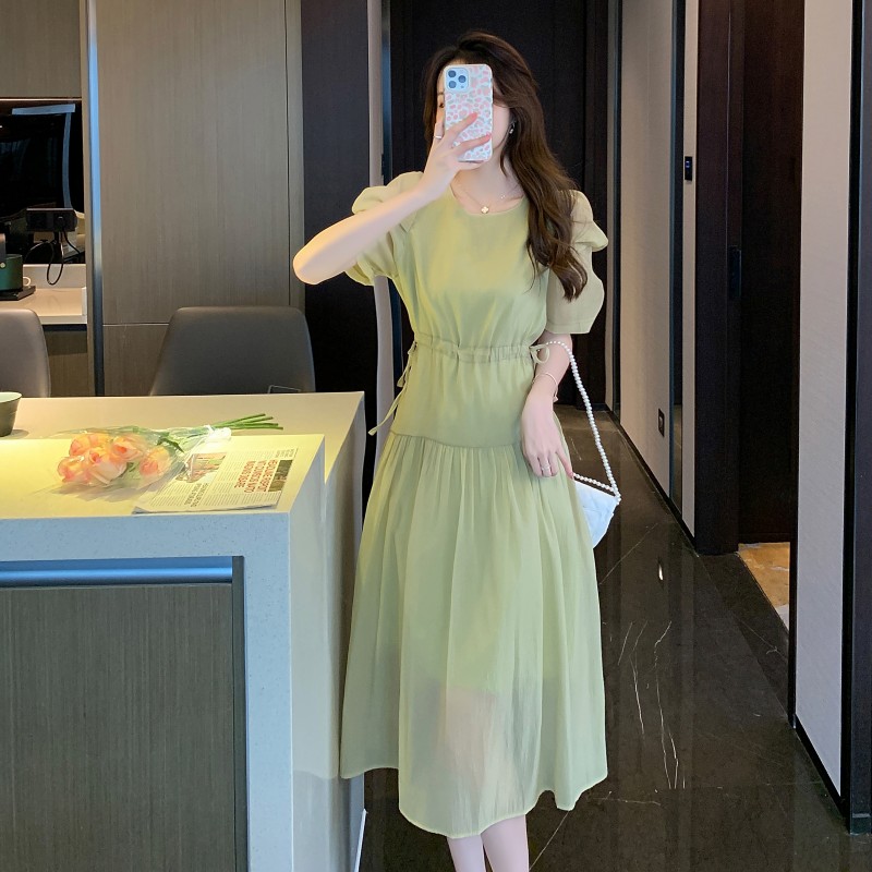 MY7793# 法式别致高级感绿色泡泡袖连衣裙夏季新款女显瘦长裙女裝貨源服...