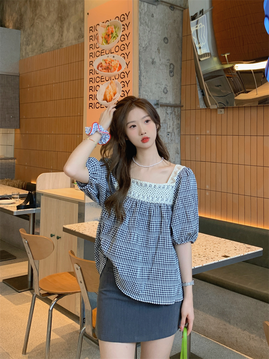실사 정가 새로운 프랑스식 레이스 조각 체크무늬 거품 소매 셔츠 광장 칼라 인형 셔츠 맨위
