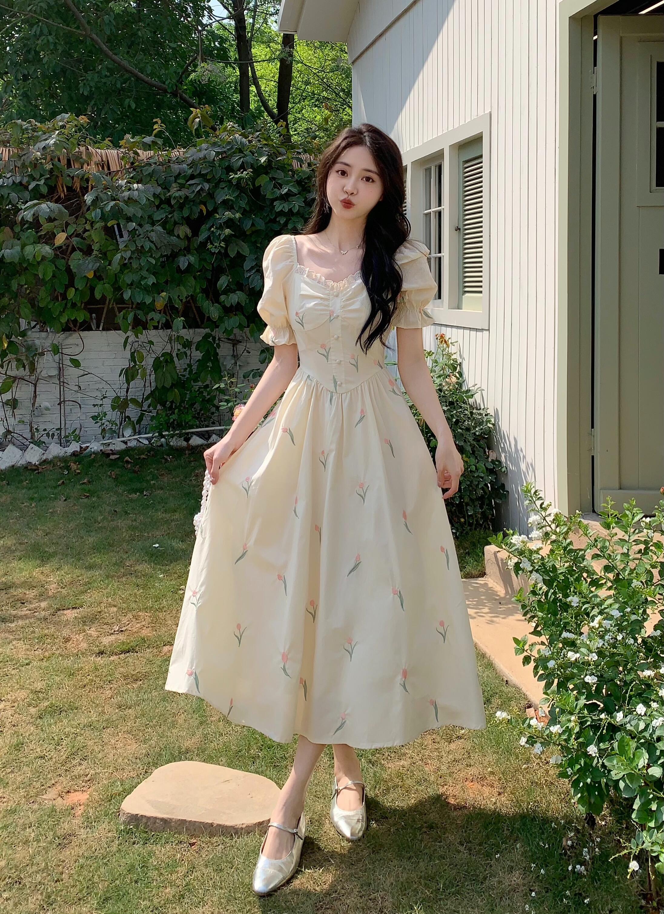 실사 빅 사이즈 소녀 꿈 나라 자수 봄 여름 거품 소매 레트로 프랑스식 몸매 가꾸기 달콤함 여성 드레스
