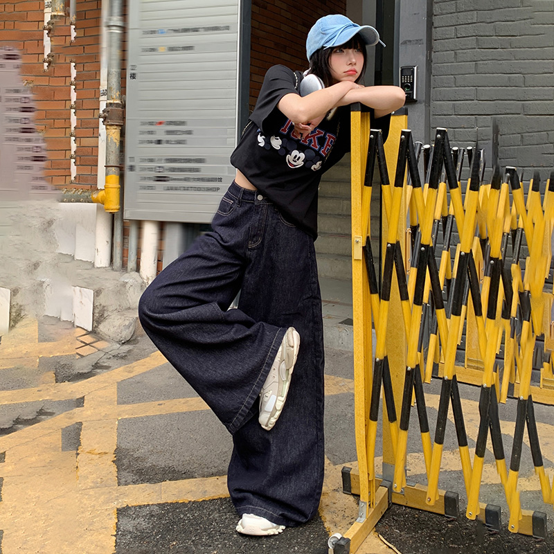 实拍美式复古宽松阔腿裤垂感拖地百搭直筒牛仔裤女春夏新长裤加长