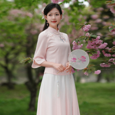 批发实拍新款中国风刺绣斜襟七分袖上衣雪纺大摆裙闺蜜亲子<b class='q'>套装</b>