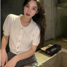 批发法式短款上衣针织<b class='q'>开衫</b><b class='q'>女</b>薄款纯白色polo领镂空设计感修身百搭清纯