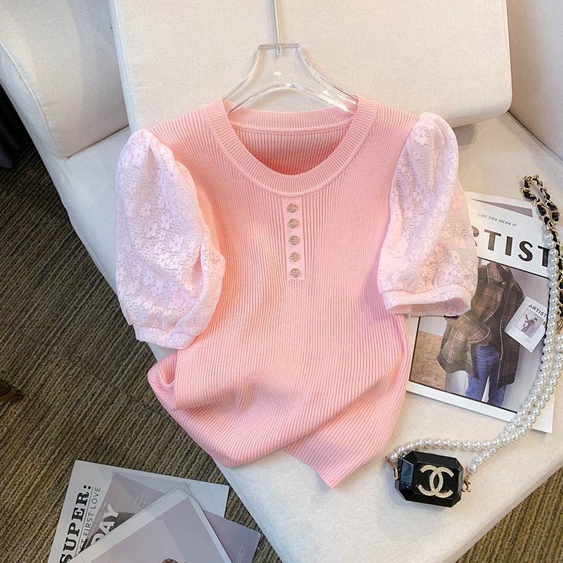 RY3907# 实拍 大货 2026夏季新款设计感甜美修身圆领拼接T恤冰丝针织衫女