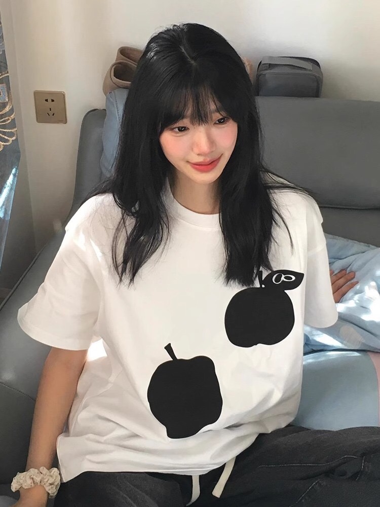 白色寬鬆短袖女2024新款夏季蘋果印花創意休閒百搭半袖T恤上衣ins