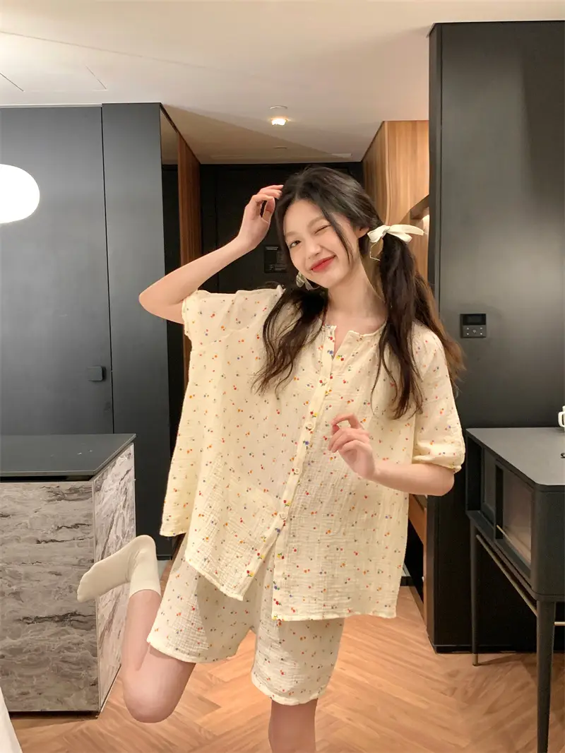 여성용 여름 소프트 플라워 홈웨어 세트 상세 이미지 2