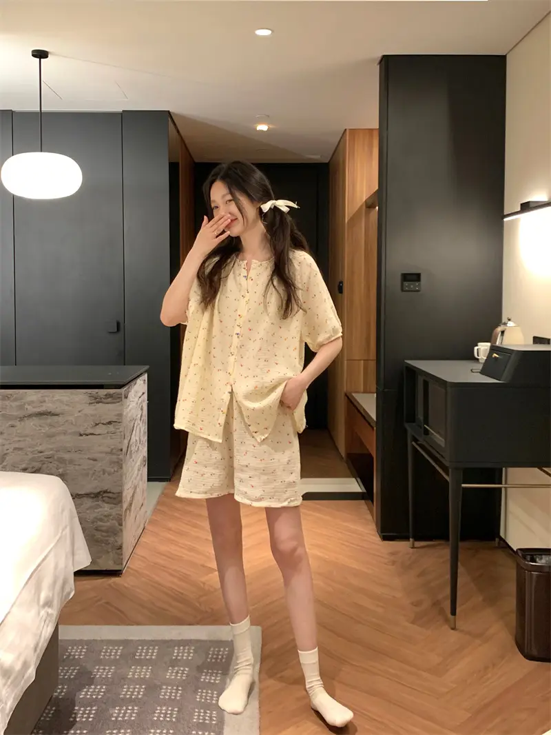 여성용 여름 소프트 플라워 홈웨어 세트 상세 이미지 6