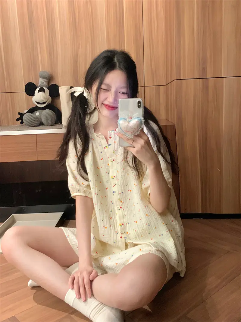 여성용 여름 소프트 플라워 홈웨어 세트 상세 이미지 8