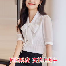 批发2024夏季新品短袖<b class='q'>衬衫</b>女白色淑女修身中袖飘带蝴蝶结领<b class='q'>OL</b>洋气<b class='q'>衬衣</b>