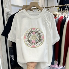 批发国风刺绣盘扣短袖T恤女2024年春夏新款新中式国风体恤内搭上衣