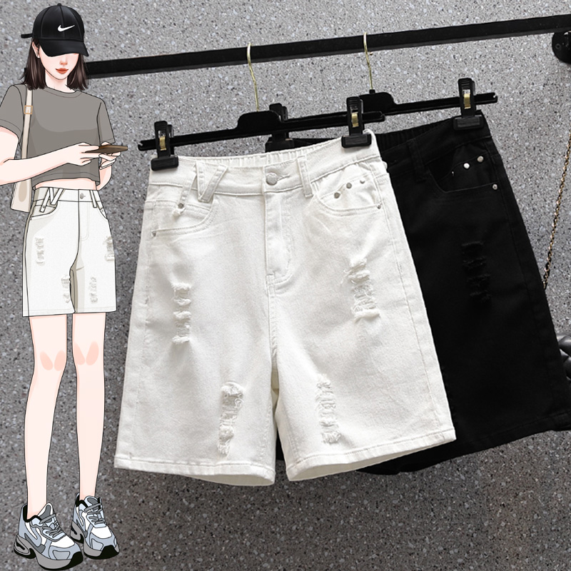 RY1962# 实拍夏新款大码高腰休闲破洞牛仔五分裤胖MM直 筒弹力韩版中...