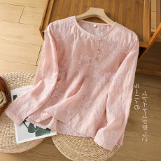 批发重工刺绣高雅苎麻小衫女气质高级感棉麻上衣春季复古长袖新款<b class='q'>衬衫</b>