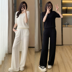 批发<b class='q'>欧洲站</b>气质通勤肌理感针织<b class='q'>套装</b>夏季新款时髦显瘦纯色阔腿裤两件套