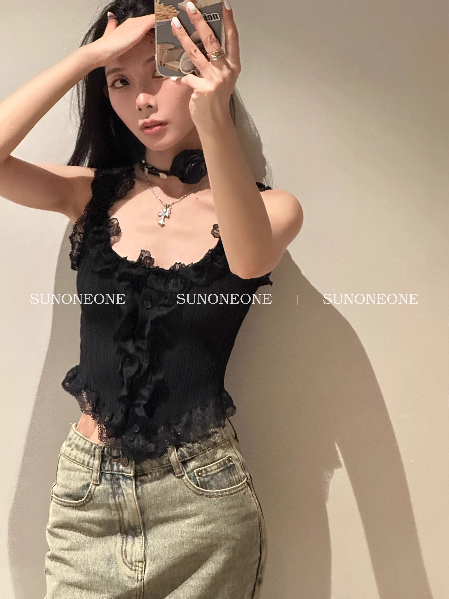 SUNONEONE 甜辣妹蕾丝针织吊带背心女夏新款小众外穿短款上衣