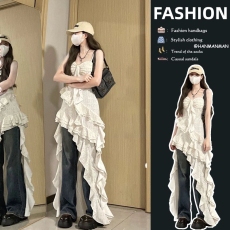 夏季新款韩系穿搭套装女韩版不规则碎花吊带连衣裙牛仔裤两件套潮
