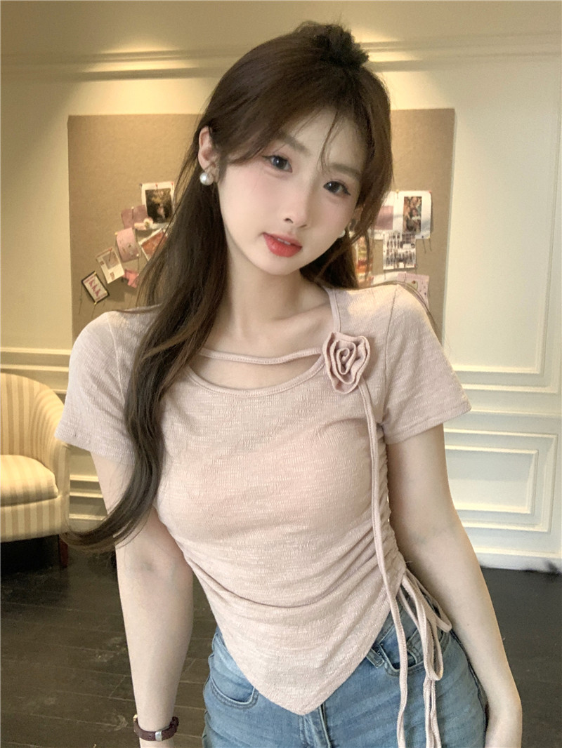 Real shot ~ Pure desire French design short T-shirt for women three-dimensional rose drawstring waist short-sleeved top