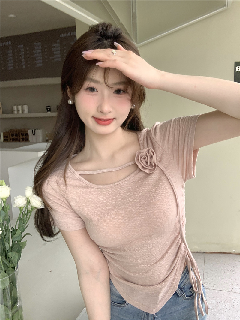 Real shot ~ Pure desire French design short T-shirt for women three-dimensional rose drawstring waist short-sleeved top